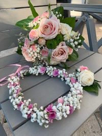 Brautstrauss rosa weiss mit Anstekcer und Kranz